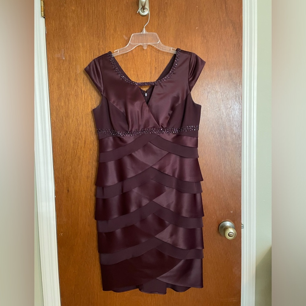 Alex Evenings Satin Tiered Midi Dress in Burgundy